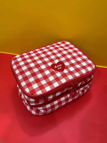 Τσάντα καλλυντικών με διπλό στρώμα, μεγάλη χωρητικότητα, κατάλληλη για ταξίδια, νάιλον, καρό μοτίβο, επένδυση πολυεστέρα, πολυλειτουργική