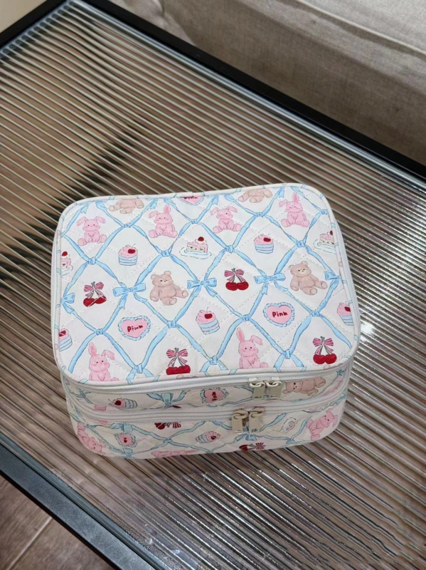 Τσάντα καλλυντικών με διπλό στρώμα, μεγάλη χωρητικότητα, κατάλληλη για ταξίδια, νάιλον, καρό μοτίβο, επένδυση πολυεστέρα, πολυλειτουργική