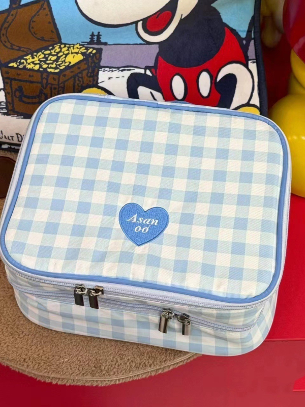 Τσάντα καλλυντικών με διπλό στρώμα, μεγάλη χωρητικότητα, κατάλληλη για ταξίδια, νάιλον, καρό μοτίβο, επένδυση πολυεστέρα, πολυλειτουργική