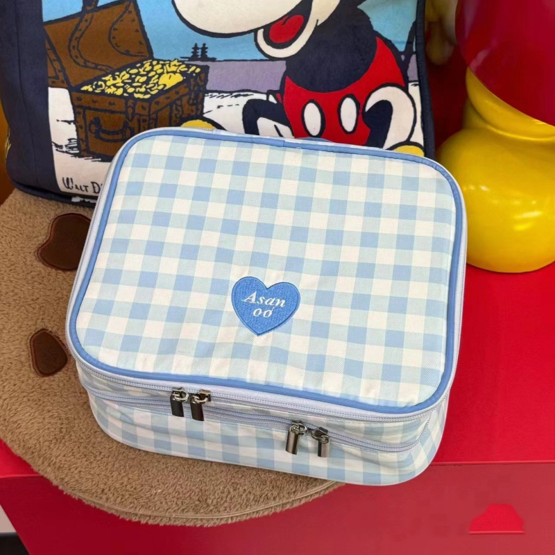 Τσάντα καλλυντικών με διπλό στρώμα, μεγάλη χωρητικότητα, κατάλληλη για ταξίδια, νάιλον, καρό μοτίβο, επένδυση πολυεστέρα, πολυλειτουργική