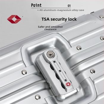 Ceļojumu koferis no alumīnija sakausējuma, TSA kombinētais bloķēšanas mehānisms, lidmašīnas tipa riteņi, ārkārtīgi viegls, iekšējā neilona apdare, svars apmēram 2 kg