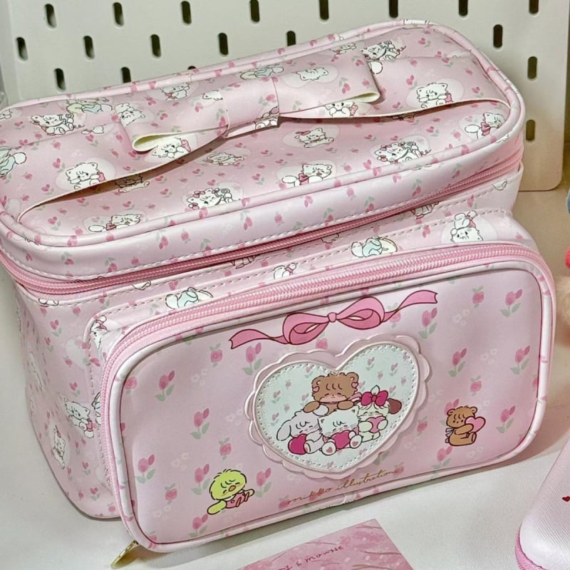 Geantă de cosmetică cu imprimeu desen animat, capacitate mare, portabilă pentru călătorii, PU material