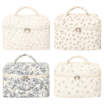 Geantă de machiaj pentru călătorii, capacitate mare, capitonată cu model floral din bumbac, ultra-ușoară