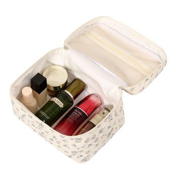 Geantă de machiaj pentru călătorii, capacitate mare, capitonată cu model floral din bumbac, ultra-ușoară