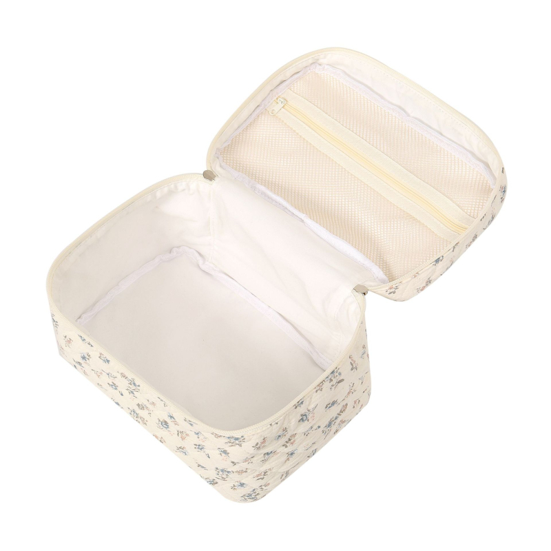 Geantă de machiaj pentru călătorii, capacitate mare, capitonată cu model floral din bumbac, ultra-ușoară