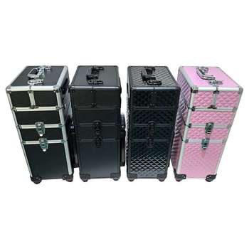 Metalni trodijelni kovčeg za studijski šminker – s vučnom šipkom, univerzalnim kotačićima, zaključavanje katancem, proširivi sloj, EVA podstava