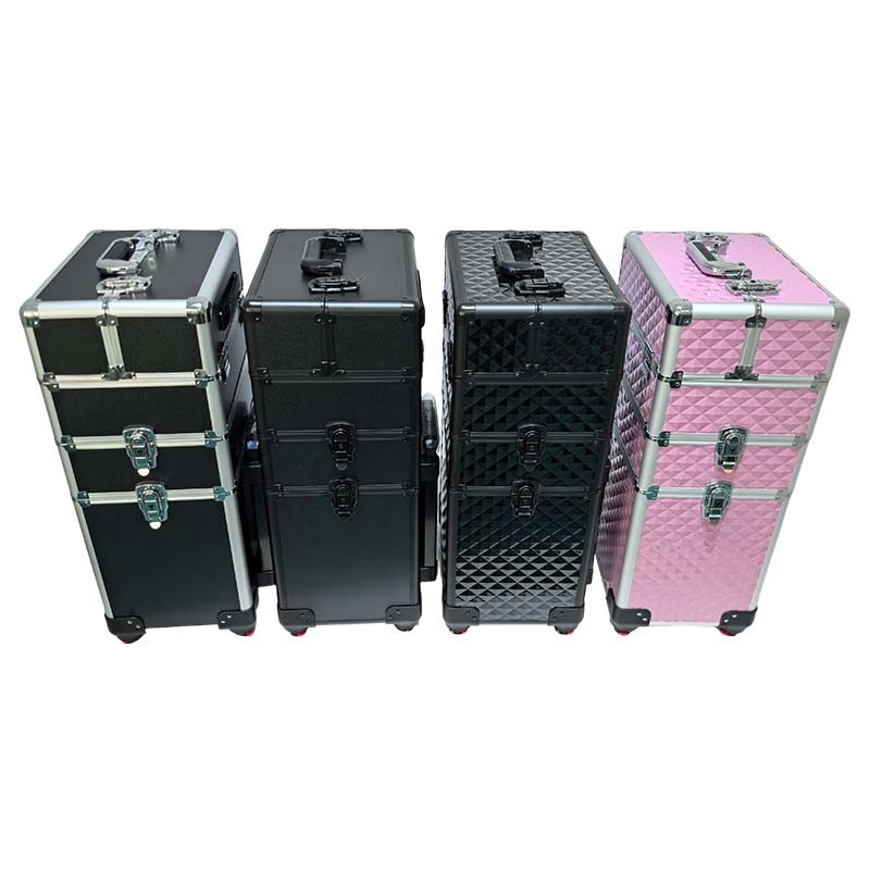 Metalni trodijelni kovčeg za studijski šminker – s vučnom šipkom, univerzalnim kotačićima, zaključavanje katancem, proširivi sloj, EVA podstava