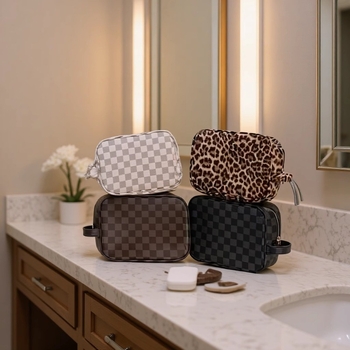 Geantă de cosmetică din PU, cu fermoar, portabilă pentru femei, model carouri, căptușită cu poliester pentru depozitare cosmetică