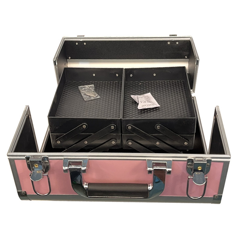 Φορητό πολυεπίπεδο καλλυντικό κουτί με επεκτεινόμενο στρώμα, πλαίσιο από κράμα αλουμινίου, κλείσιμο με λουκέτο, τροχοί μονής κατεύθυνσης