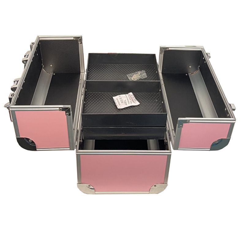 Φορητό πολυεπίπεδο καλλυντικό κουτί με επεκτεινόμενο στρώμα, πλαίσιο από κράμα αλουμινίου, κλείσιμο με λουκέτο, τροχοί μονής κατεύθυνσης
