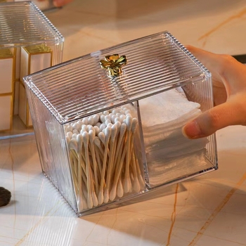 Töölauale mõeldud hoiukarp vatipatinate ja kosmeetika jaoks eraldi sektsioonidega – PET-materjal, logotüübi trükk, kohandatavus, moodsus ja lihtne stiil