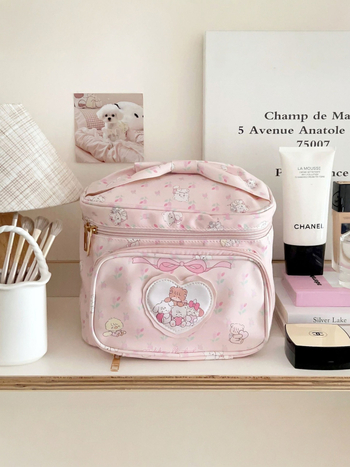 Geantă cosmetică cu inimă drăguță, stil japonez, material PU, capacitate mare, portabilă, impermeabilă, multifuncțională, fermoar