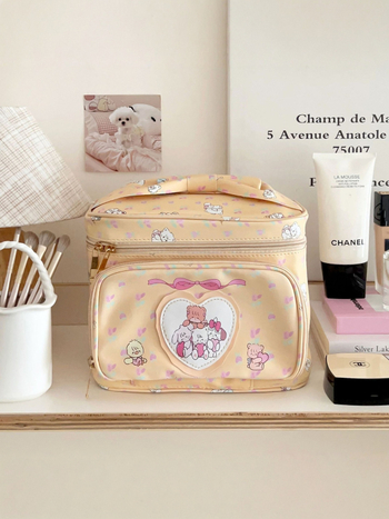 Geantă cosmetică cu inimă drăguță, stil japonez, material PU, capacitate mare, portabilă, impermeabilă, multifuncțională, fermoar