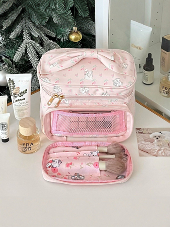 Geantă cosmetică cu inimă drăguță, stil japonez, material PU, capacitate mare, portabilă, impermeabilă, multifuncțională, fermoar