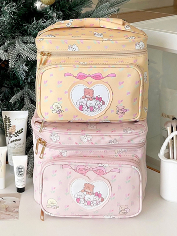 Geantă cosmetică cu inimă drăguță, stil japonez, material PU, capacitate mare, portabilă, impermeabilă, multifuncțională, fermoar
