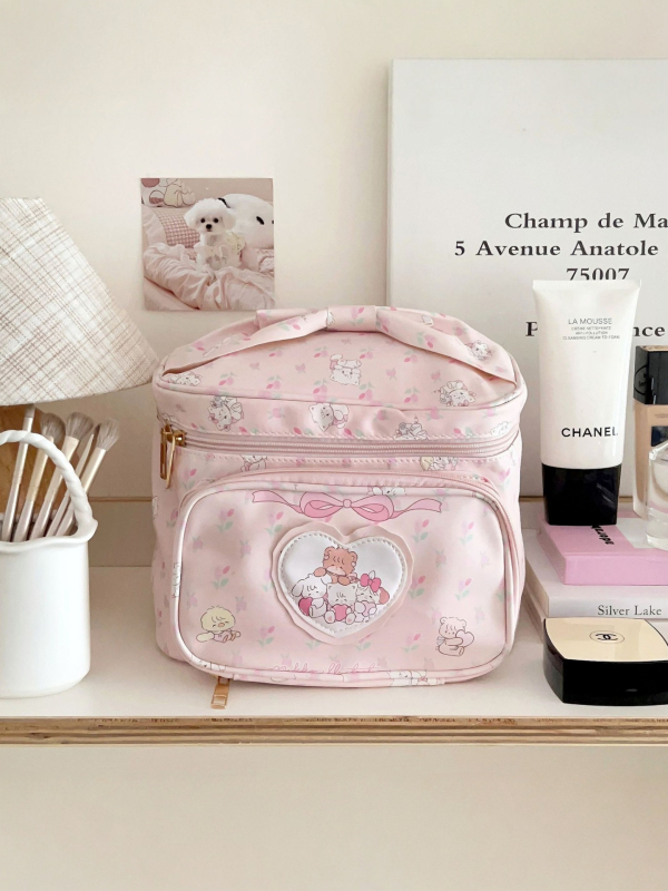 Geantă cosmetică cu inimă drăguță, stil japonez, material PU, capacitate mare, portabilă, impermeabilă, multifuncțională, fermoar