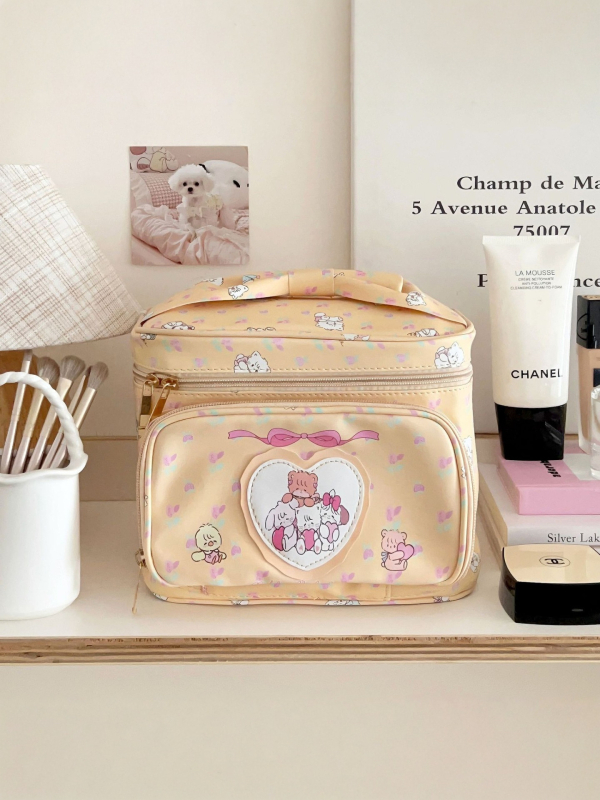 Geantă cosmetică cu inimă drăguță, stil japonez, material PU, capacitate mare, portabilă, impermeabilă, multifuncțională, fermoar