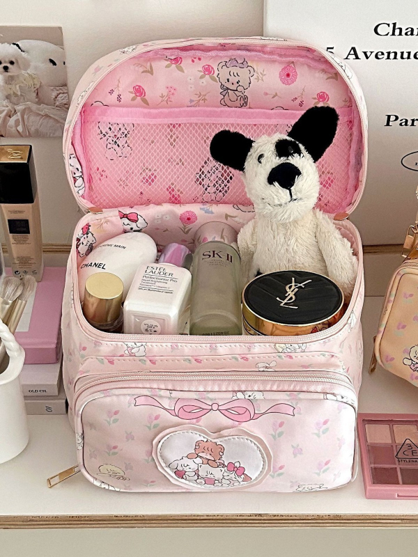 Geantă cosmetică cu inimă drăguță, stil japonez, material PU, capacitate mare, portabilă, impermeabilă, multifuncțională, fermoar