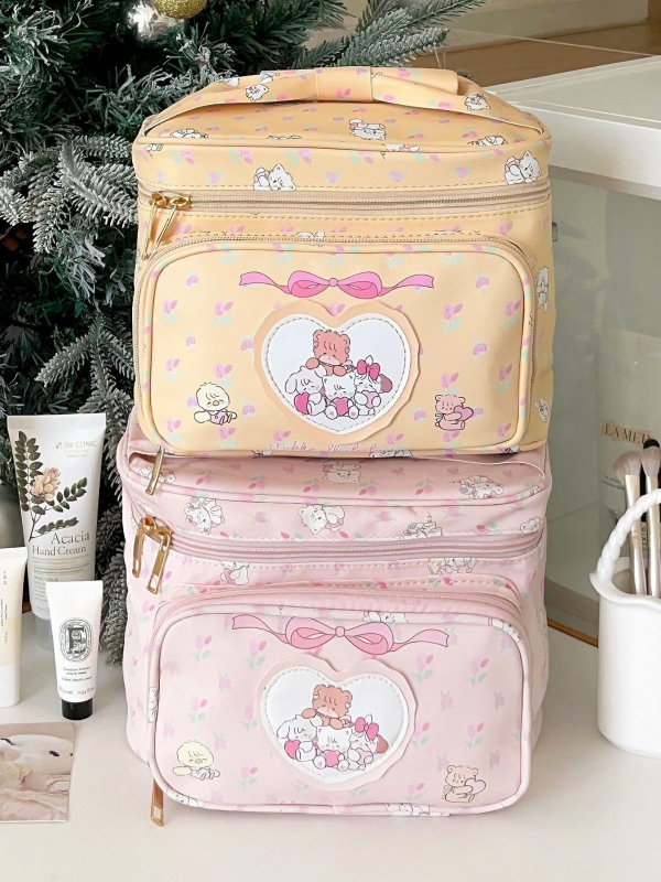 Geantă cosmetică cu inimă drăguță, stil japonez, material PU, capacitate mare, portabilă, impermeabilă, multifuncțională, fermoar
