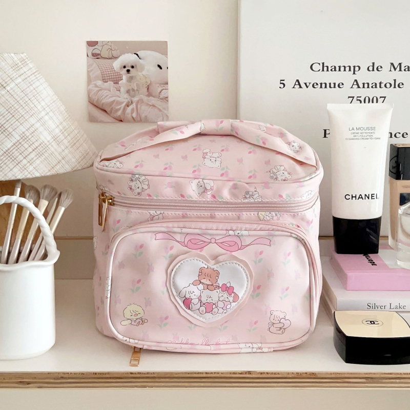 Geantă cosmetică cu inimă drăguță, stil japonez, material PU, capacitate mare, portabilă, impermeabilă, multifuncțională, fermoar