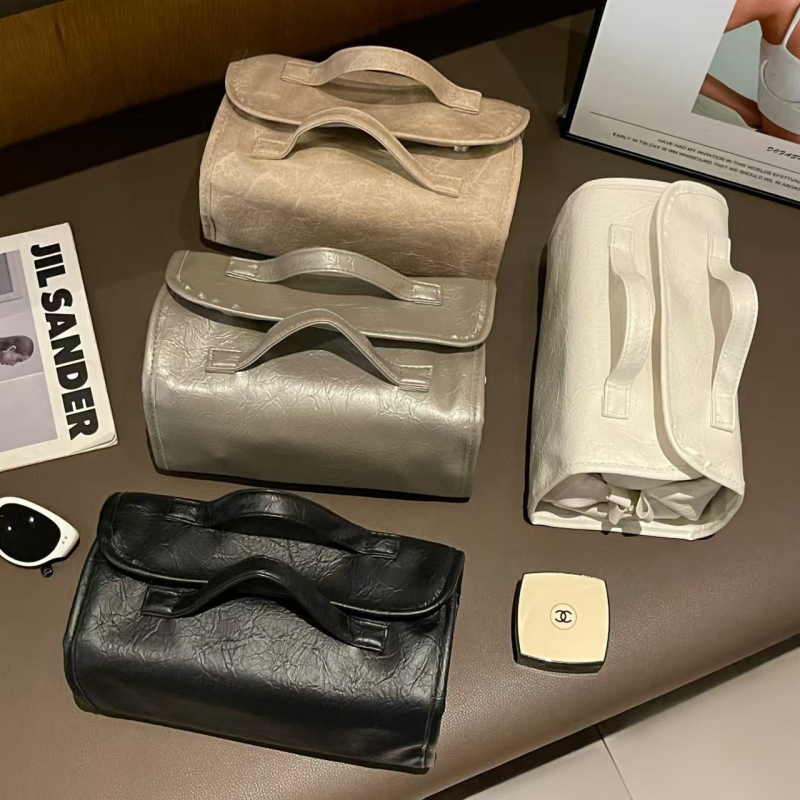 Geantă de machiaj PU, impermeabilă, pliabilă, cu design stratificat și mai multe compartimente, căptușită cu nylon