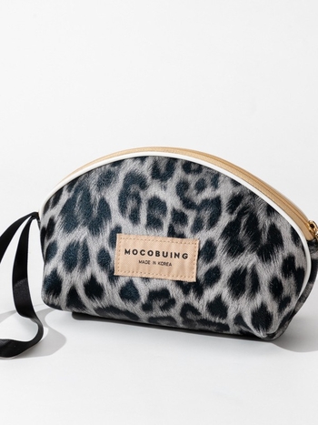 Geantă de machiaj semicirculară, imprimeu leopard, piele, capacitate mare, impermeabilă