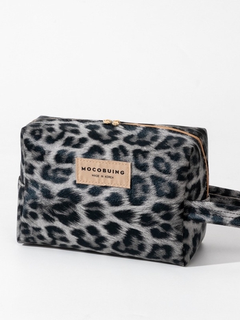 Geantă de machiaj semicirculară, imprimeu leopard, piele, capacitate mare, impermeabilă