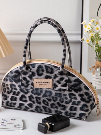 Geantă de machiaj semicirculară, imprimeu leopard, piele, capacitate mare, impermeabilă