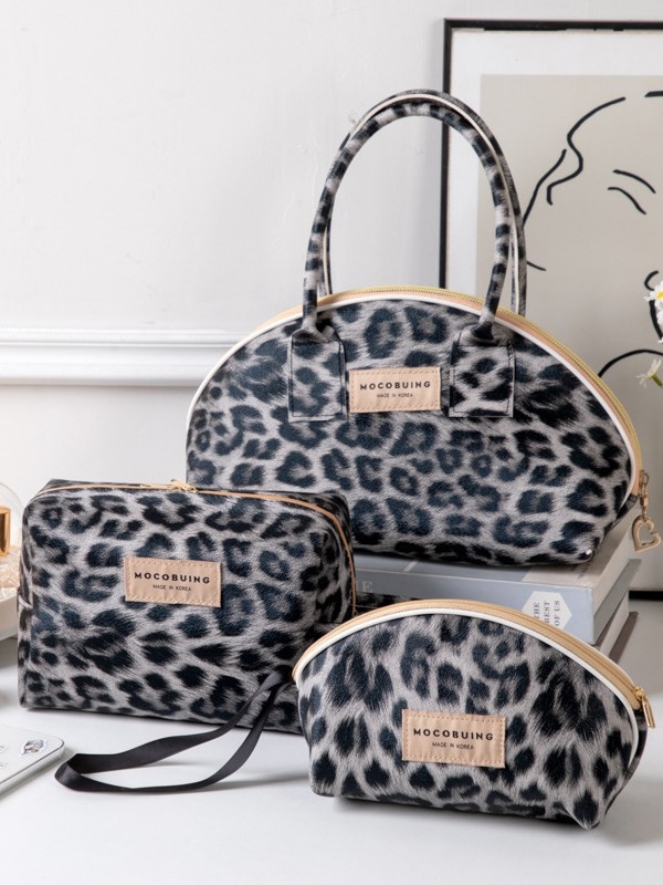 Geantă de machiaj semicirculară, imprimeu leopard, piele, capacitate mare, impermeabilă