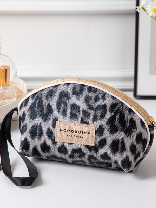 Geantă de machiaj semicirculară, imprimeu leopard, piele, capacitate mare, impermeabilă