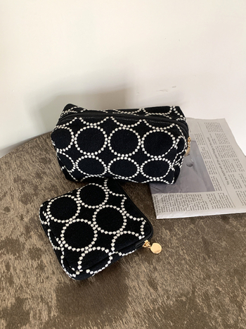 Geantă cosmetică cu model geometric, material din bumbac și in, stil retro, căptușeală poliester-bumbac, închidere cu fermoar