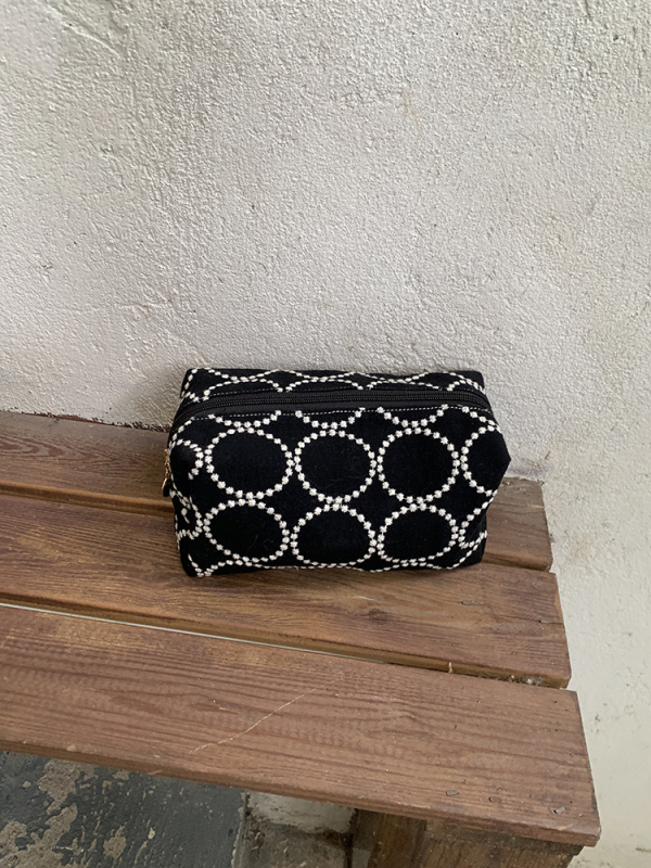 Geantă cosmetică cu model geometric, material din bumbac și in, stil retro, căptușeală poliester-bumbac, închidere cu fermoar