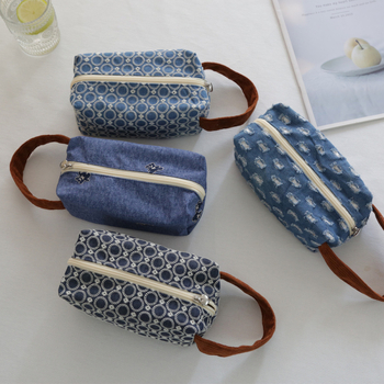 Kék denim kozmetikai neszesszer, hordozható, nagy kapacitású, elegáns tároló nőknek