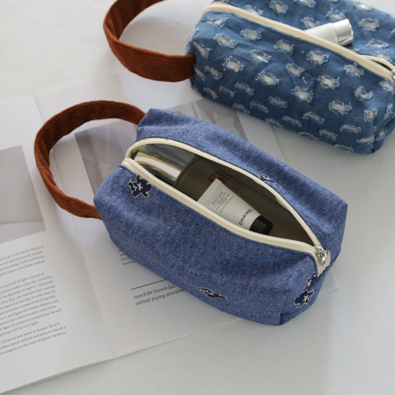 Kék denim kozmetikai neszesszer, hordozható, nagy kapacitású, elegáns tároló nőknek
