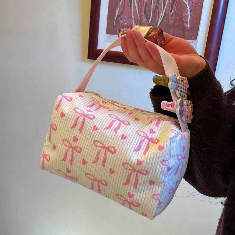 Geantă de cosmetic corduroy cu Bow, fermoar, capacitate extinsă, căptușeală din poliester pentru depozitare acasă