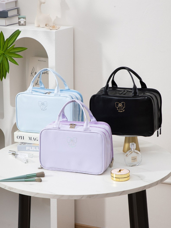 Kozmetická taška s tromi priečinkami, veľká kapacita, PU materiál, vodotesná s rozdelením suché/mokré, podšívka z nylónu