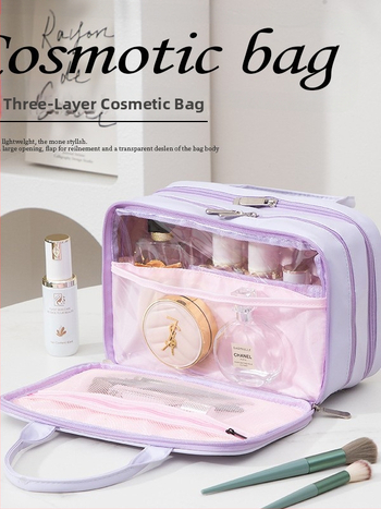 Kozmetická taška s tromi priečinkami, veľká kapacita, PU materiál, vodotesná s rozdelením suché/mokré, podšívka z nylónu