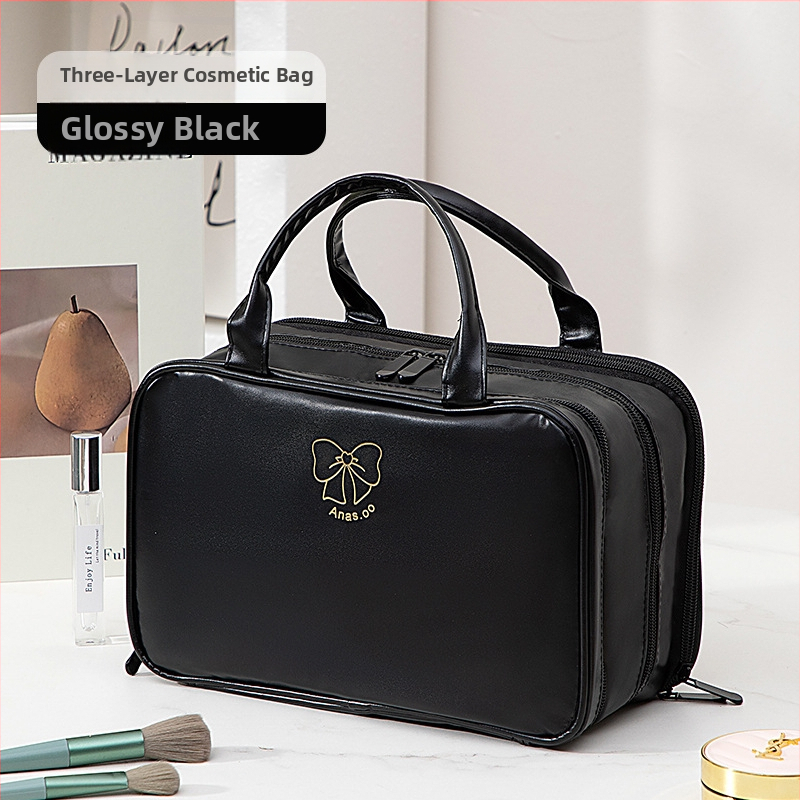 Kozmetická taška s tromi priečinkami, veľká kapacita, PU materiál, vodotesná s rozdelením suché/mokré, podšívka z nylónu