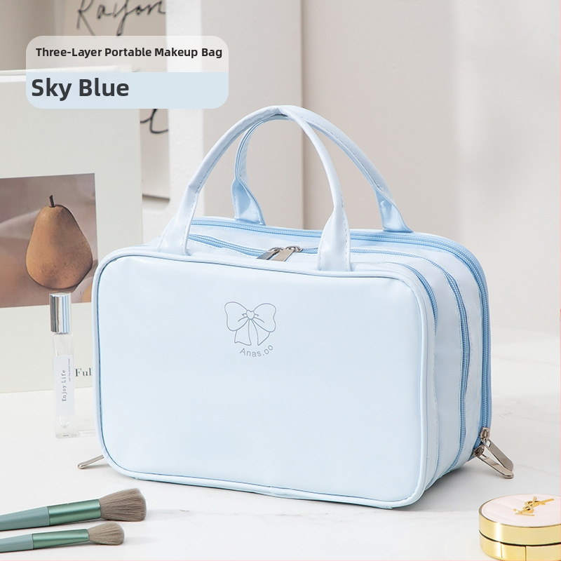 Kozmetická taška s tromi priečinkami, veľká kapacita, PU materiál, vodotesná s rozdelením suché/mokré, podšívka z nylónu