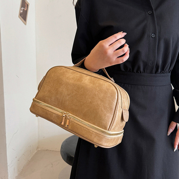 Retro stil, velika kapacitet ženska torba za putovanja i kozmetički organizator, višeslojna pohrana, PU koža s prugama, podstava od poliestera, vodootporno