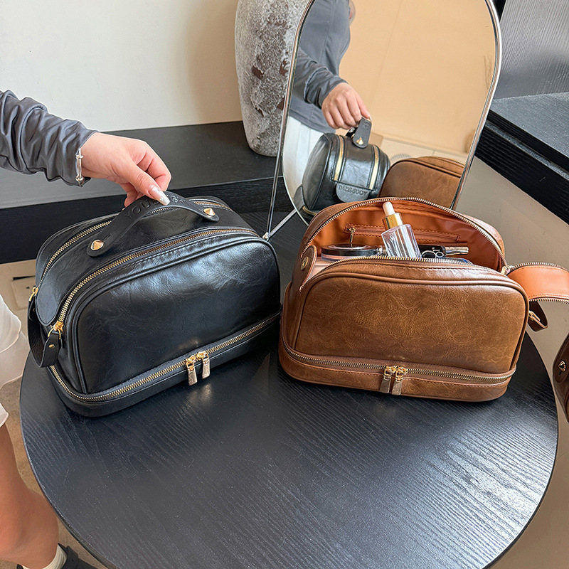 Retro stil, velika kapacitet ženska torba za putovanja i kozmetički organizator, višeslojna pohrana, PU koža s prugama, podstava od poliestera, vodootporno