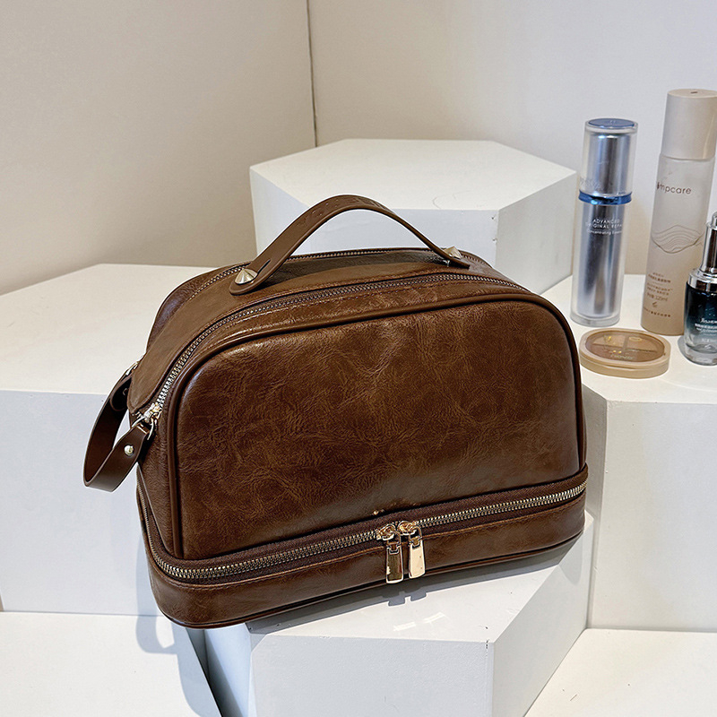 Retro stil, velika kapacitet ženska torba za putovanja i kozmetički organizator, višeslojna pohrana, PU koža s prugama, podstava od poliestera, vodootporno