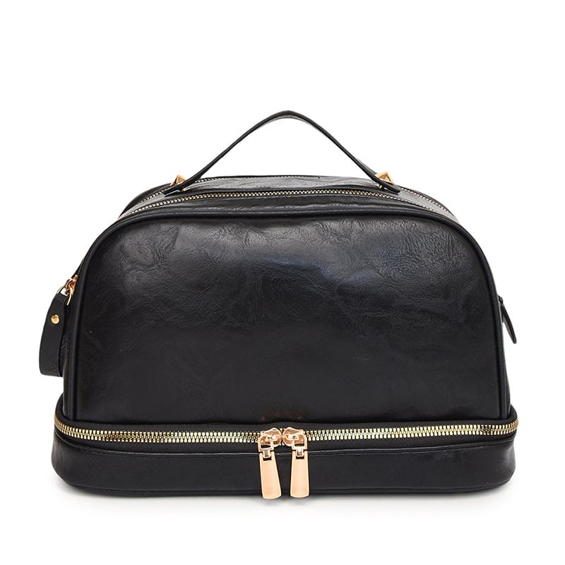 Retro stil, velika kapacitet ženska torba za putovanja i kozmetički organizator, višeslojna pohrana, PU koža s prugama, podstava od poliestera, vodootporno