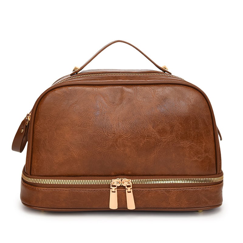 Retro stil, velika kapacitet ženska torba za putovanja i kozmetički organizator, višeslojna pohrana, PU koža s prugama, podstava od poliestera, vodootporno