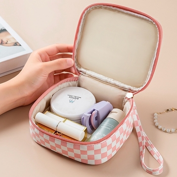 Sac de depozitare cu model carouri, material PU, căptușeală din poliester, stil urban simplu, ultra-ușor și rezistentă