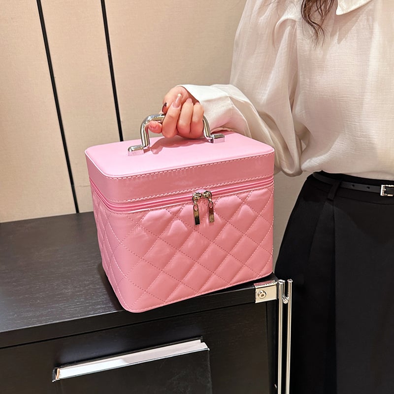 Taška na make-up - diamantovo prešívané vyšívanie, kockovaný vzor, PU materiál, polyesterová podšívka, mestský jednoduchý štýl, prenosná kozmetická taška