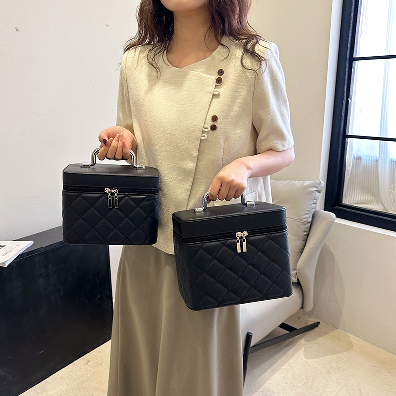 Taška na make-up - diamantovo prešívané vyšívanie, kockovaný vzor, PU materiál, polyesterová podšívka, mestský jednoduchý štýl, prenosná kozmetická taška