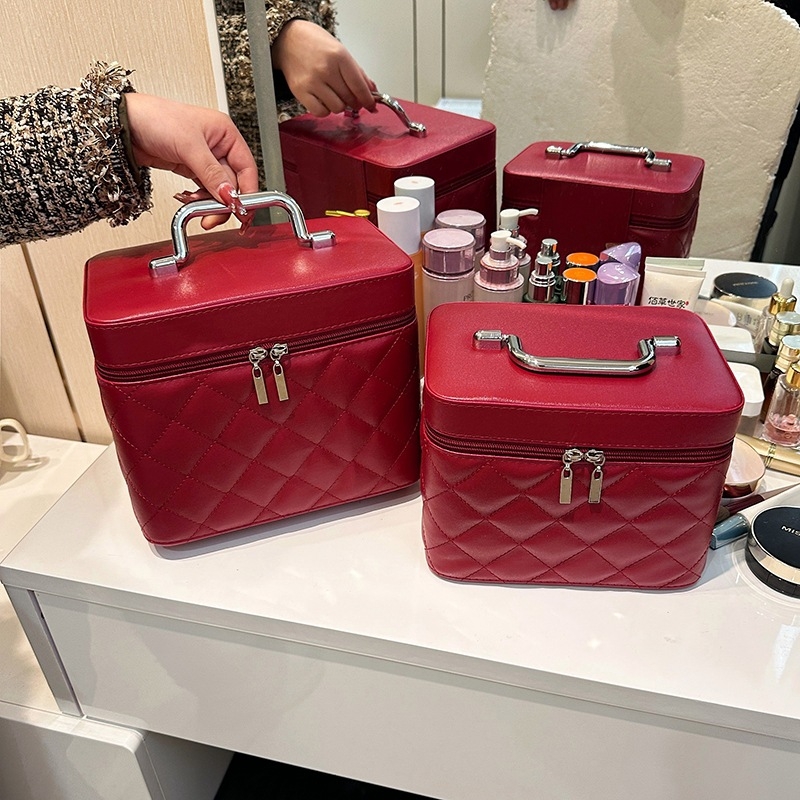 Taška na make-up - diamantovo prešívané vyšívanie, kockovaný vzor, PU materiál, polyesterová podšívka, mestský jednoduchý štýl, prenosná kozmetická taška