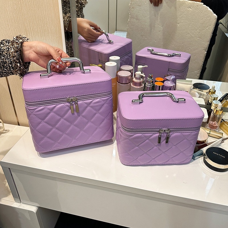 Taška na make-up - diamantovo prešívané vyšívanie, kockovaný vzor, PU materiál, polyesterová podšívka, mestský jednoduchý štýl, prenosná kozmetická taška