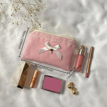 Taštička na kozmetiku s čipkovanou mašličkou, prenosná taštička na zips, látkové vonkajšie prevedenie a plátená podšívka, unisex.